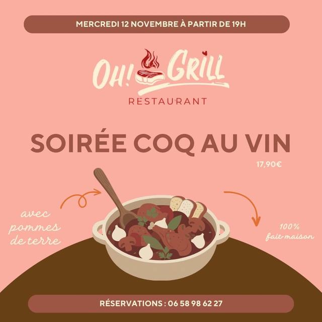Soirée à thème coq au vin au restaurant Oh Grill